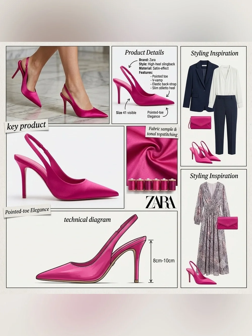 Zara Fuchsia Satin Slingback Pointed-Toe Pumps